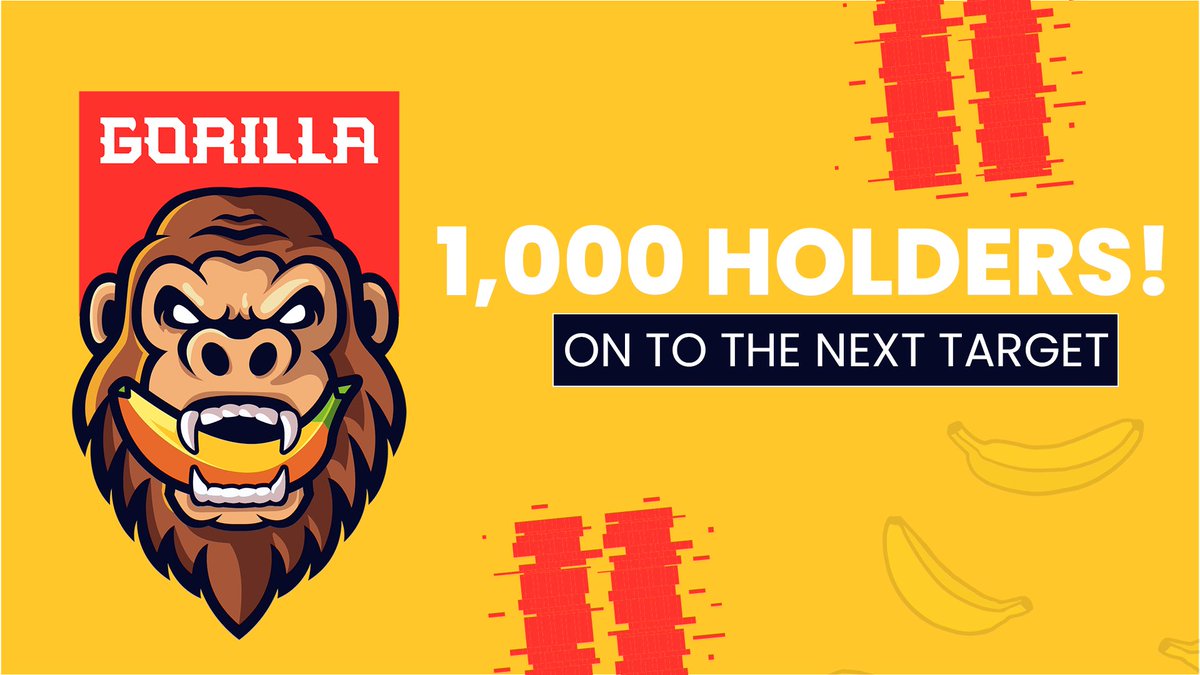 gorillatokenio's tweet photo. CONGRATS $GORILLA ARMY !! 🥂🦍 we just reached 1,000 holders in less than 2 weeks 🫡 i salute y’all! So what’s the next target? Comment below 👇 https://t.co/xUnYNskLhP