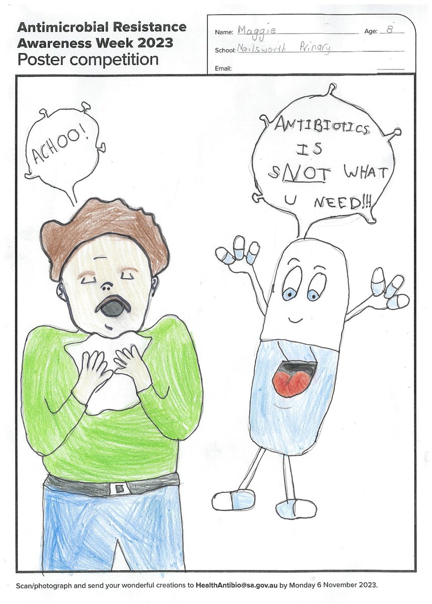 Congratulations to the winner of the SA Health poster competition for primary schools, raising awareness of AMR in schools 🥳
‘Antibiotics is SNOT what you need’! 😄 #NailsworthPrimary #SA #WAAW2023 #AMR #PublicHealth <a href="/SAHealth/">SA Health</a>