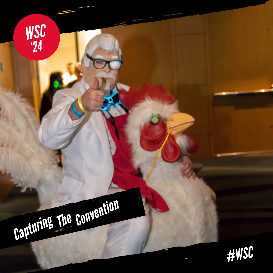 Only at #WSC could you find Colonel Sanders riding a chicken! #kfc #chicken #cosplay #costume