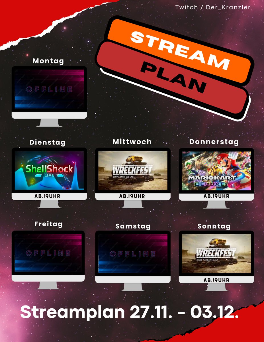 Der_Kranzler's tweet photo. Hallo zusammen! Hier der Stream Plan für die kommende Woche:
#TwitchDE #twitchtv #twitchstreamer #twitchaffiliate #streamer @SmallStreamersC @push_twitch #twitch_push @RetweetOnTwitch https://t.co/cbFv7ZkWLm