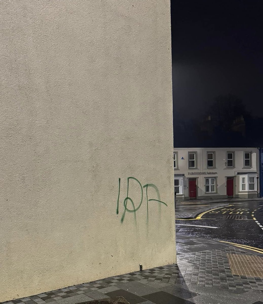 Disgusting action tonight with "IRA" being sprayed onto the side of the Clinton Centre in Enniskillen, the site of the 1987 Enniskillen Remembrance Day bomb in which 11 innocent people were murdered and many injured.