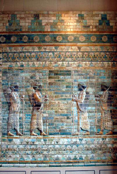 archeohistories's tweet photo. A friezed made of 'Glazed Brick Tiles', depicting "Persian Warriors", from the Palace Of Darius (6th Century BC), Susa, Iran (Persia). 

The palaces of the Achaemenid  kings were often decorated with representations of long lines of courtiers and soldiers, dressed for a festive occasion: although they carry arms, they have no shields or helmets. The soldiers/warriors are often called "Immortals" or "Apple Bearers", although "Companions" appears to have been their real name (more...). In Persepolis, they are carefully sculpted out of stone. In Susa, the soldiers were made from glazed brick, which gives us an idea of the colors.

The other reliefs show lions (comparable to those from  Babylon) and mythological creatures like sphinxes and winged lions. They are also very common and can be found in the form of both sculpture and glazed brocks

When Susa was excavated at the end of the nineteenth century, the French archaeologists had a deal with the government that every object made of gold and silver was to remain in Iran (or Persia, as it was called in those days). As a consequence, the colorful reliefs are now in the Louvre in Paris, where they are illuminated by yellowish light, making it difficult to make good photos. 

There are incomplete inscription in old Persian, Elamite and Babylonian, written on glazed bricks that belonged to a relief.

Translation :

I am Darius, the great king, king of kings, king of all nations, the son of Hystaspes, the Achaemenid.

King Darius says:  Ahuramazda  gave me this great kingdom, so full of men; he made me king in this earth.

By grace of Ahuramazda these are the countries of which I became king: Persia, Elam, Babylonia, Syria, Arabia, Egypt, Lydia, Greece, Media, Armenia, Cappadocia, 
Parthia, Drangiana, Aria, Bactria
Chorasmia, Sogdia, Gandara, Sattagydia, Arachosia, Sindh, Thrace,  Macedonia (remainder lost) .... 

Pergamon Museum, Berlin

- Subscribe for Weekly Newsletter -
https://t.co/QSjn4yGpeh

#archaeohistories