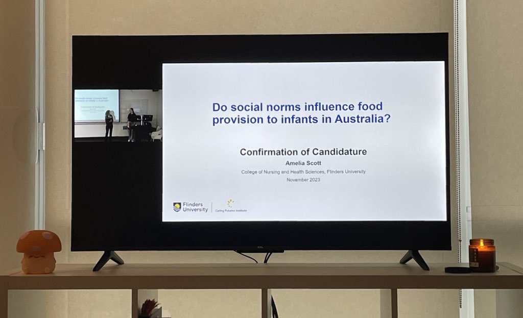 So cool to be able to tune into  @FlindersCFI PhD candidate @ameliascott_12 Confirmation of Candidature all the way from Canada. Amazing presentation, important topic and exciting project #watchthisspace #qualitative #longitudinal #socialnorms #infantfeeding
