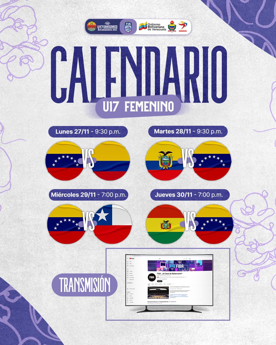 🚨 Calendario, horarios y transmisión de los partidos de nuestra Selección U17 Femenina en la fase de grupos del Campeonato Sudamericano de la categoría. 

💻 Todos los partidos se transmitirán en streaming por el canal oficial de FIBA en YouTube. 

#U17 
#HechasEnVenezuela