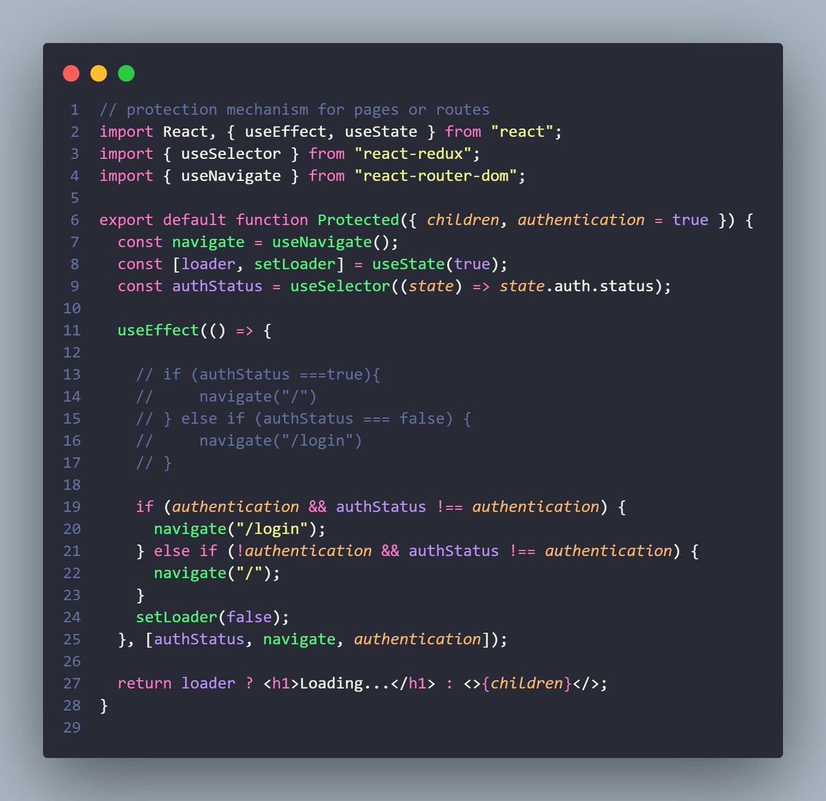 heytejus's tweet image. 🚀 Just whipped up a React authentication guard! 🛡️🔐 This sleek #ReactJS component, &apos;Protected&apos;, ensures secure navigation based on user authentication status. 🌐💼 Effortlessly redirect to login or home pages. Loading spinner included! ⚙️✨ #WebDev #CodeSnippet