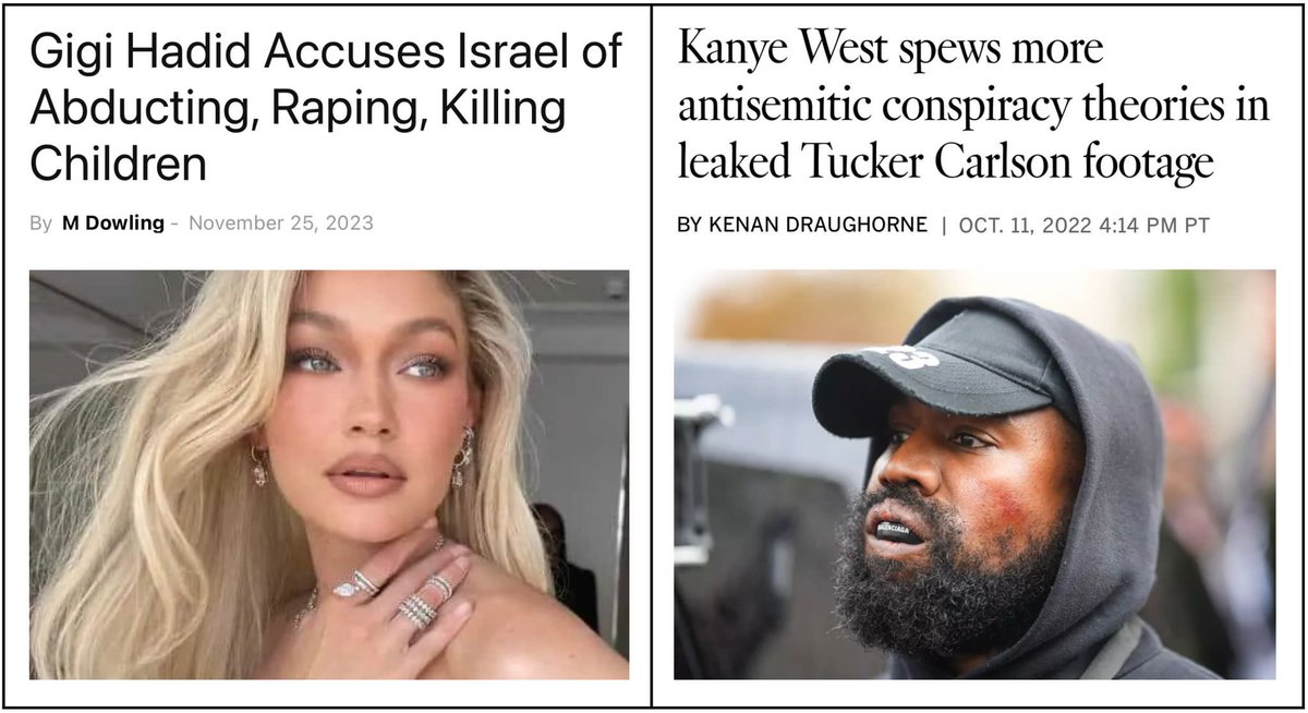 Kanye West thinks that Jews are conspiring to control the world's media and banks.

Gigi Hadid thinks that Israel is raping, abducting, and killing children.

Kanye got cancelled.
Gigi keeps getting jobs.

When will Susan Sarandon speak out against this blatant white privilege?