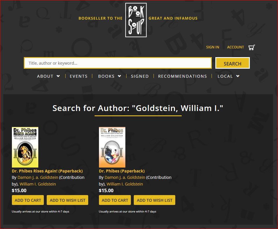 PhibesForever's tweet image. Support independent bookstores today. Buy and Read the original Dr. Phibes movie tie-in books; Dr. Phibes' and 'Dr. Phibes Rises Again!' Now at Book Soup. #DRPHIBES #drphibesrisesagain #independentbookstores booksoup.com/search/author/… #SupportIndependentBookstores