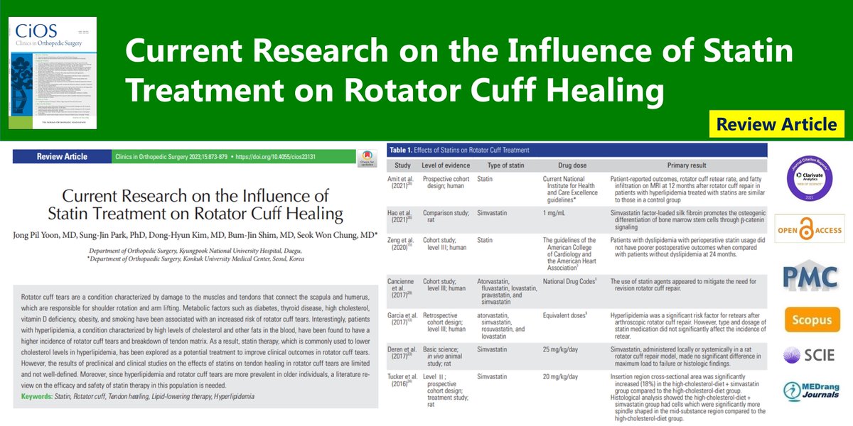 CiOSjournal's tweet photo. Current Research on the Influence of Statin Treatment on Rotator Cuff Healing
🌷https://t.co/IRPXwbDvmD
Clin Orthop Surg. 2023 Oct;15(6) Jong Pil Yoon
#Statin #Rotator_cuff #Tendon_healing #Lipid_lowering_therapy #Hyperlipidemia https://t.co/Yul3HfRLw5