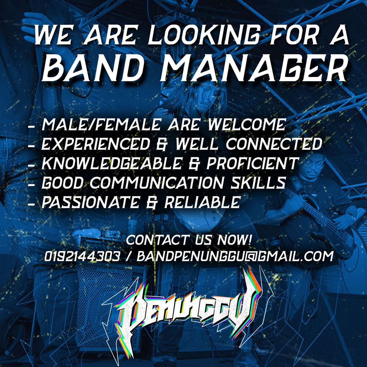 🌟 Join PENUNGGU's musical journey! 🎶 We're hiring a Band Manager:

We are in need of someone to take us to the next level. We got the music, now we need someone to bring us to the top!

Are you for us? 🚀 Send your resume &amp; lets talk 🤘

#jobopportunity