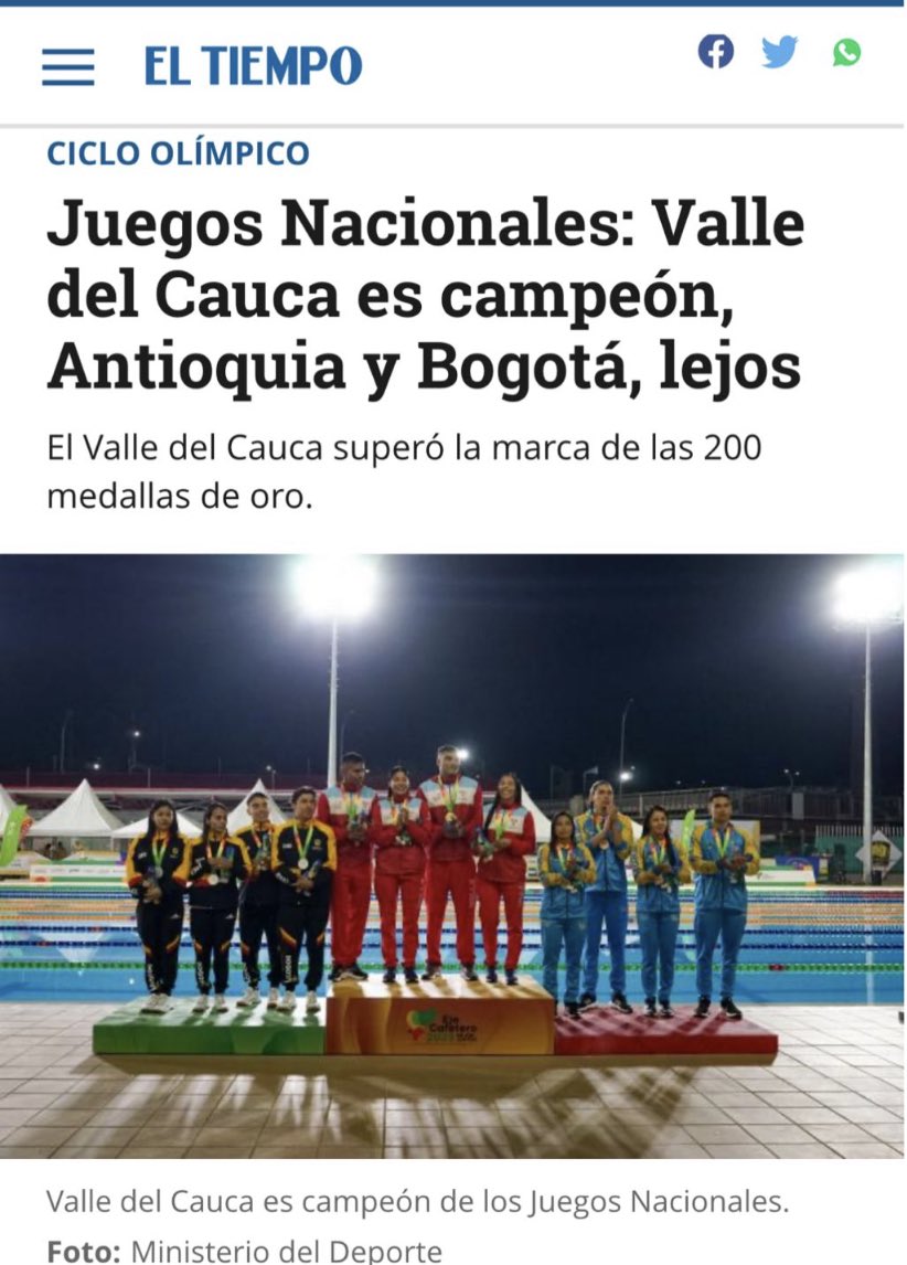 LAMONJACALI's tweet photo. Bendita!! Que bueno #ValleDelCauca es noticia en #Colombia por sus victorias en justas deportivas. 👏👏👏. @GobValle @ClaraLuzRoldan . #LaMonjaCali https://t.co/DYNBdm7xJf