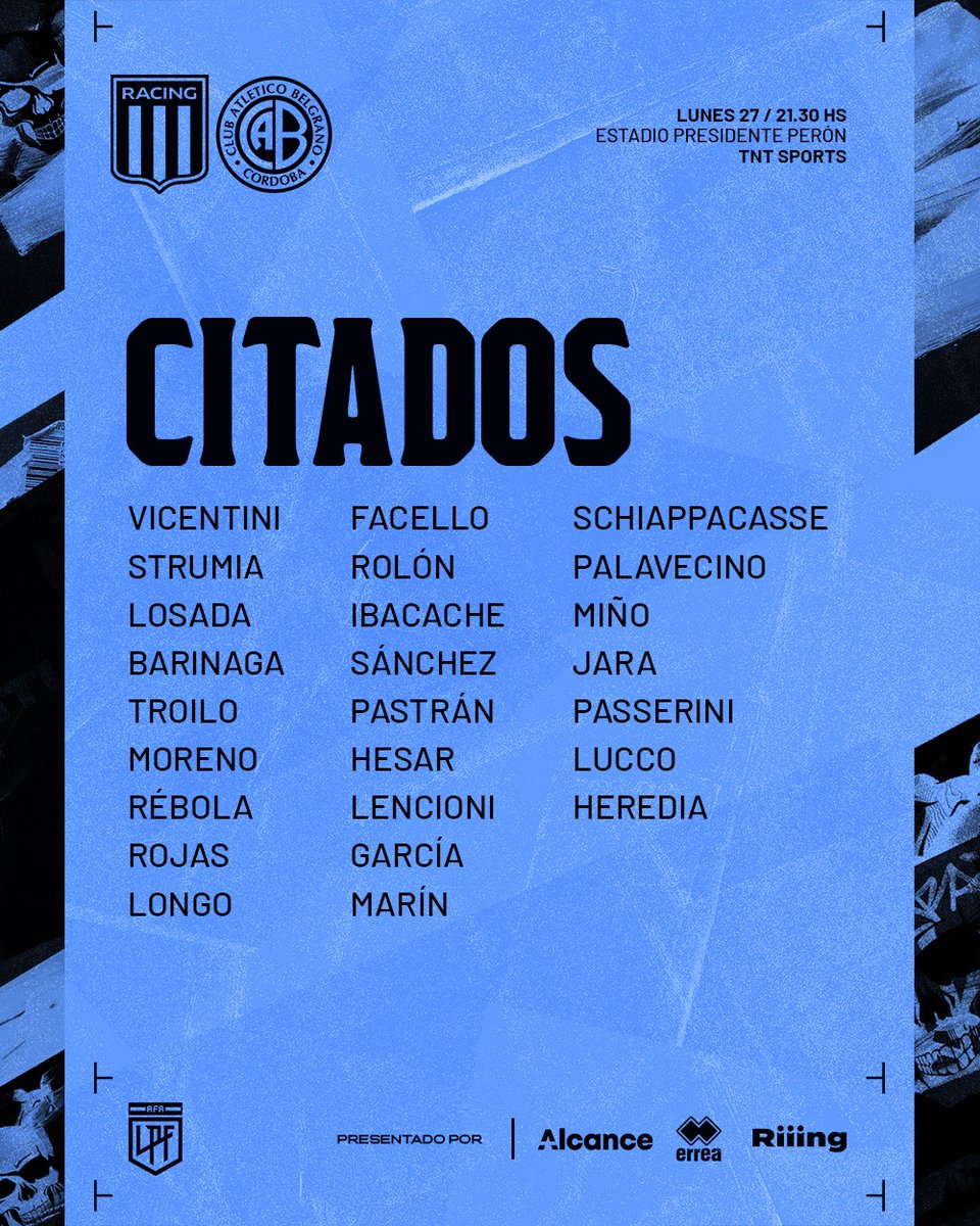 Estos son los jugadores citados por Guillermo Farré para visitar a Racing, por la fecha 14 de la #CopaDeLaLiga 2023.
Vamos  #Belgrano