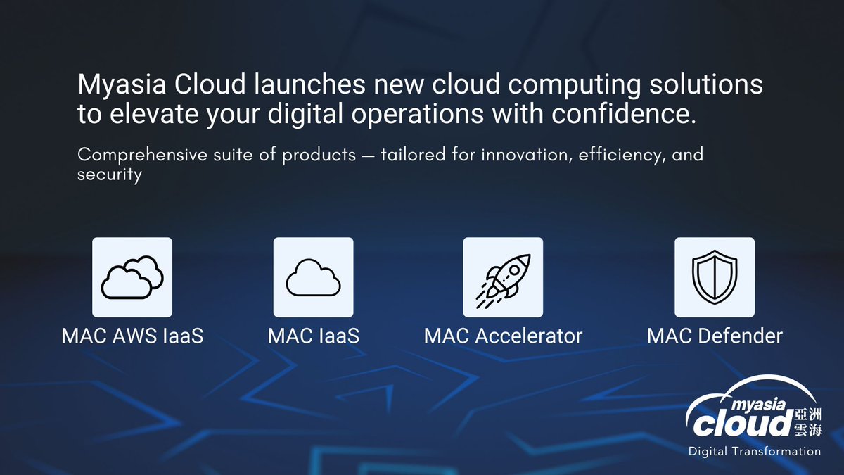 Myasia_cloud's tweet photo. We're delighted to share that Myasia Cloud is growing its range of MAC AWS IaaS, MAC IaaS, MAC Accelerator and MAC Defender enterprise products and services. 

#MyasiaCloud #CloudServices #Cloudcomputing #cloudcomputingservice #antiDDoS #DigitalExperiences #DigitalTransformation https://t.co/XGCcWxDSxE