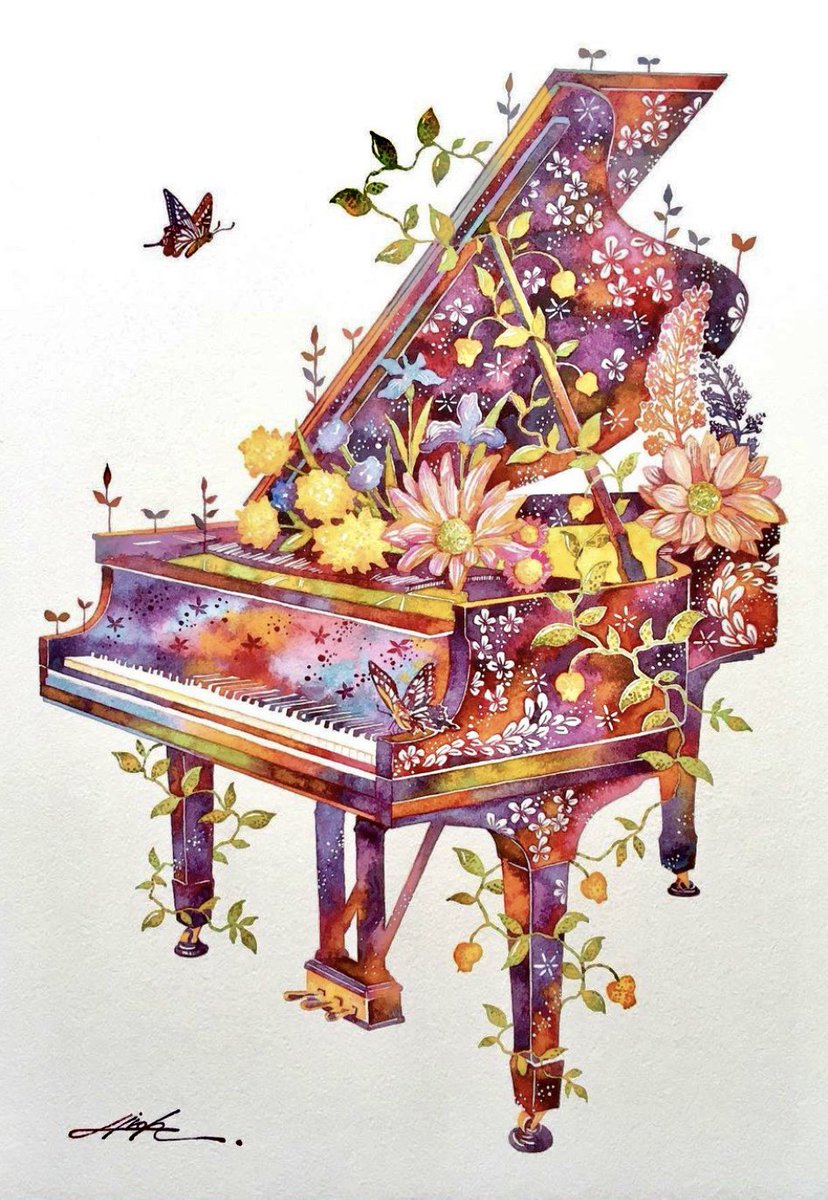「奏でる  #ピアノ #花 #水彩」|タケダヒロキのイラスト