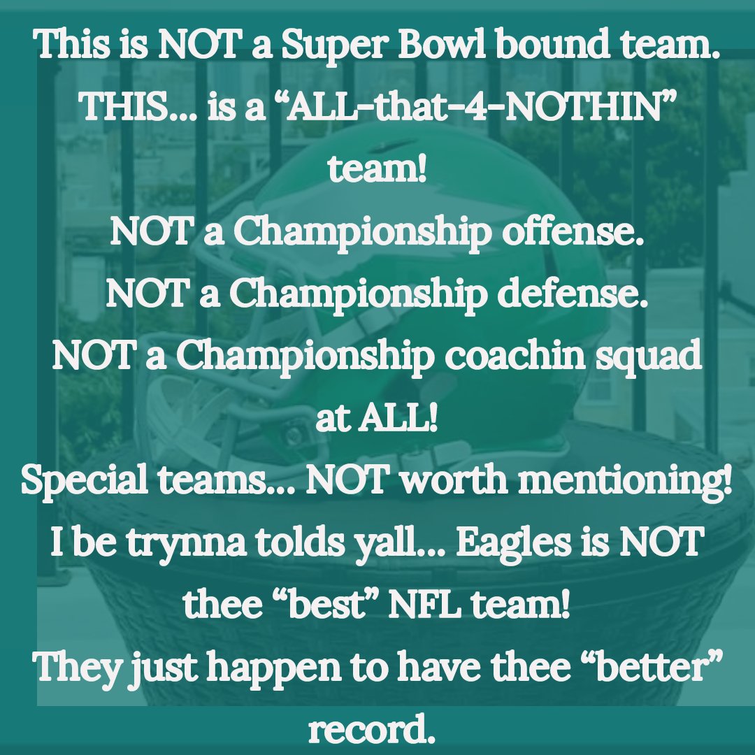 teamOnPoint's tweet image. As an Eagle's fan... HONESTLY: win, lose, or draw... this eagles team's NOT better than last year's! They're winning BY LUCK! Play callin atrocious! Defense HORRIFIC! Coachin HORRIBLE! Make easy games HARD &amp;amp; hard games easy! Smdh! I'm just a REALIST &amp;amp; NOT some exaggeratin phan!