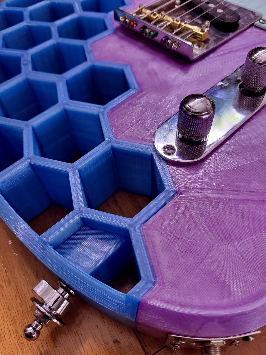 SarraceniaMason's tweet photo. #Prusacaster printed in @GreenGate3D Purple Reign and Blue Ice RPETG, pickguard from @Fillamentum Mint PLA, assembled using @3DGloop Printed entirely on my @Prusa3D Mini+ OG design by @TheZuza https://t.co/p0nYMgdYEA