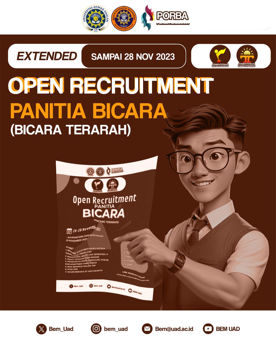 [PENDAFTARAN PANITIA BICARA DIPERPANJANG]
 
Bergerak bersama, kolektif memberi makna, kolaborasi dalam setiap perubahan. 
---------
Kementrian Kajian Strategis dan Kementerian Aksi dan Pergerakan 
BEM UAD 2023

#PorosPerubahan #WeAreUad #BEMUAD