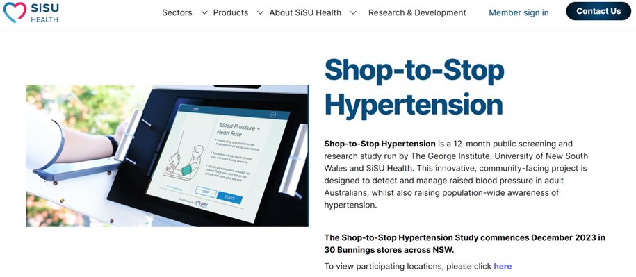 Heads-up 📢 soon there will be free #bloodpressure checks for 100000s of people across 30 Bunnings locations in NSW as part of the #ShopToStop hypertension study. Partners are @georgeinstitute @SiSUHealthGroup and @UNSWMedicine #HypertensionTaskforce sisuhealthgroup.com/shop-to-stop-h…