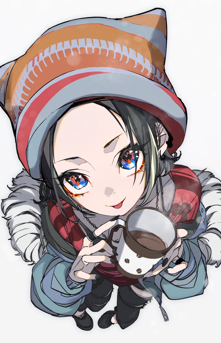 1girl solo tongue tongue out black hair blue eyes cup  illustration images