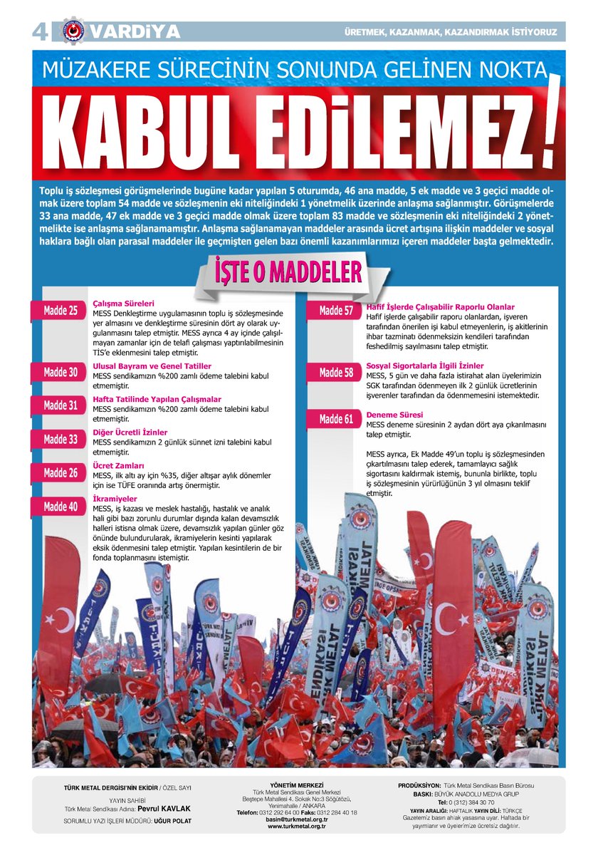 Genel Başkanımız Vardiya gazetesine konuştu;
"Evet, MESS bir teklif yaptı. Ama maalesef bu teklifin içinde zam yok. Bizim açımızdan içi boş bir tekliftir
bu. Dolayısıyla, henüz elimizde değerlendirilecek bir rakam olduğunu düşünmüyorum."
#İçiBoşTeklif

Vardiya gazetesine ulaşmak