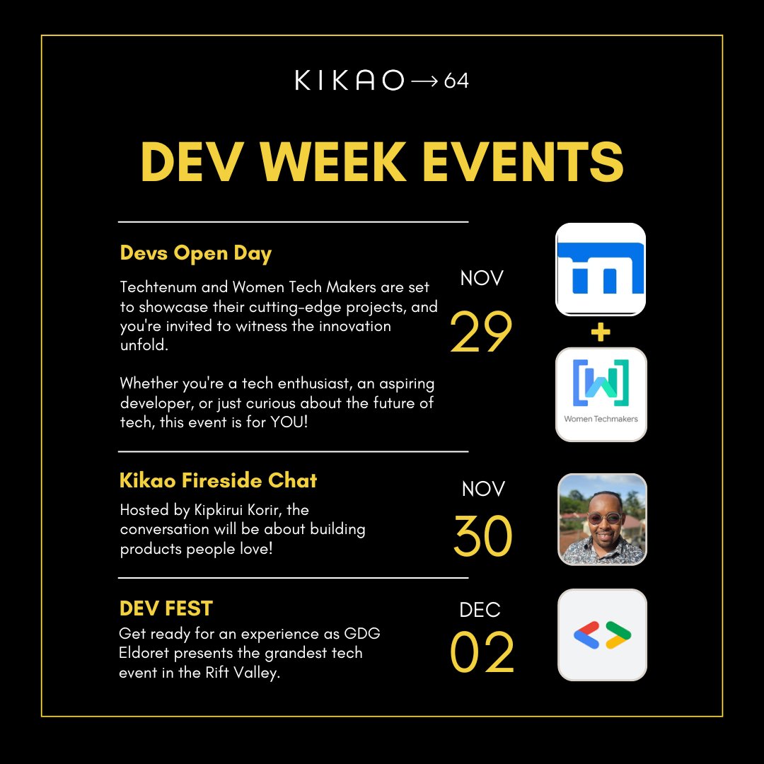 kikao64's tweet photo. Excitement is in the air! Dev Week kicks off this week at Kikao64, bringing a lineup of events and learning opportunities. 💡 Check out the poster for a sneak peek into a week filled with innovation, collaboration, and endless possibilities! 🎉 #Kikao64DevWeek  #GetReadyToLearn https://t.co/bWarfE01IP