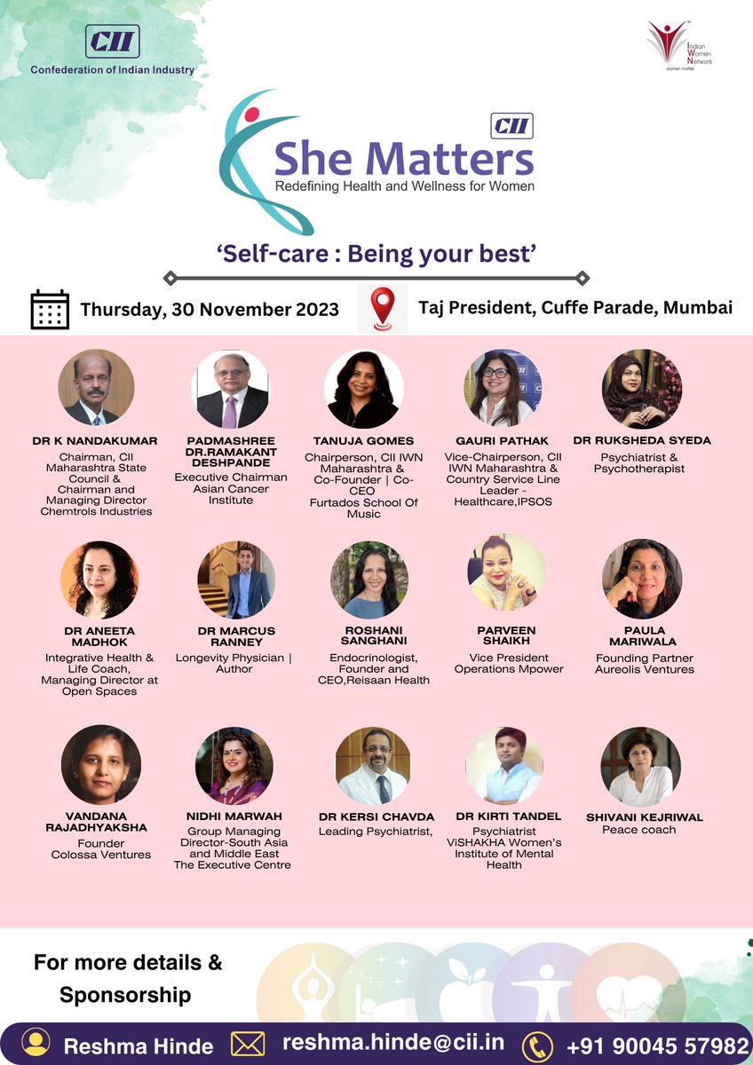 CII’s Indian Women Network is organizing the 5th edition of She Matters on 30 November 2023 at Taj President, Cuffe Parade, Mumbai. 

To Register please follow link -cam.mycii.in/OR/OnlineRegis…