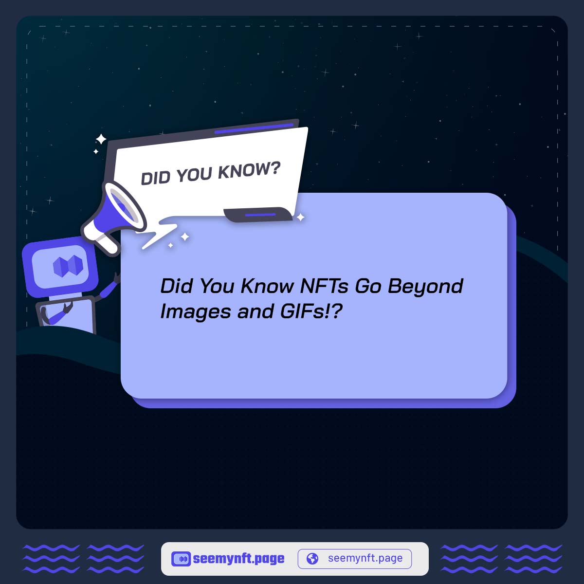 seemynft's tweet photo. Did You Know NFTs Go Beyond Images and GIFs!? #NFTs #NFT https://t.co/jnLq4mnMgj