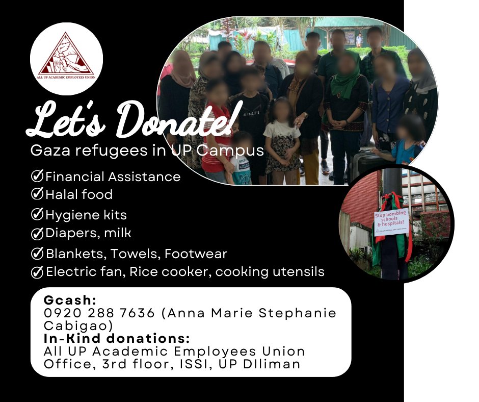 YearoftheMonSy's tweet photo. Donations are still accepted! Support Gaza refugees in sanctuary. 

Monetary donations can be sent via GCash: 09202887636.

In-kind donations can be brought to our office at ISSI, UP Diliman.

#FreePalestine 🇵🇸
#FromTheRiverToSea https://t.co/TDQ9r8NdEy