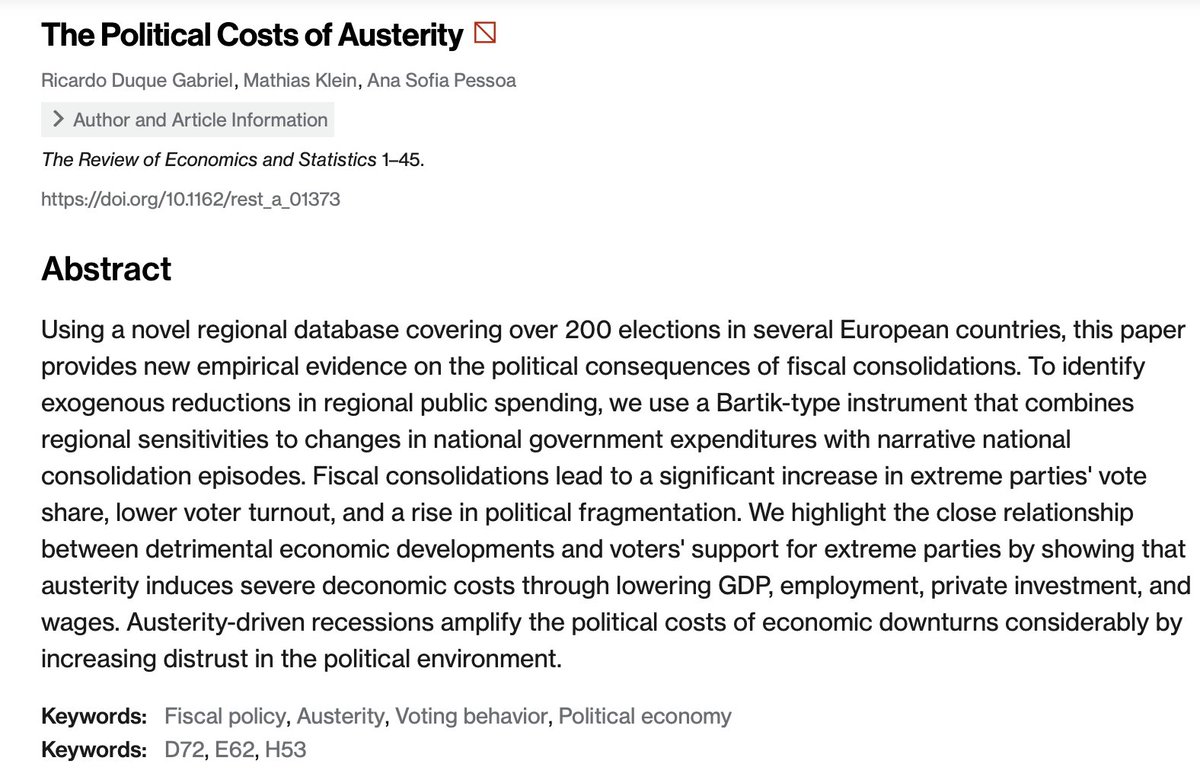 'Fiscal consolidations lead to a significant increase in extreme parties' vote share, lower voter turnout, and a rise in political fragmentation.' Evidence from over 200 elections in several European countries. New paper in Review of Economics and Statistics: