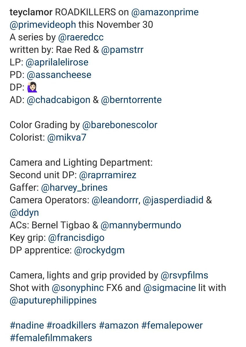 nadinelovemeryt's tweet photo. Female lead actor, female director, a number of women in the production team
Road Killers On Prime @primevideoph this Thursday, November 30
🎥: teyclamor (DOP)
Women power 💪💪💪
#NadineLustre
#RaeRed
#RoadKillersOnPrime
https://t.co/1Dw1ll0O5W https://t.co/bKIUls83DH