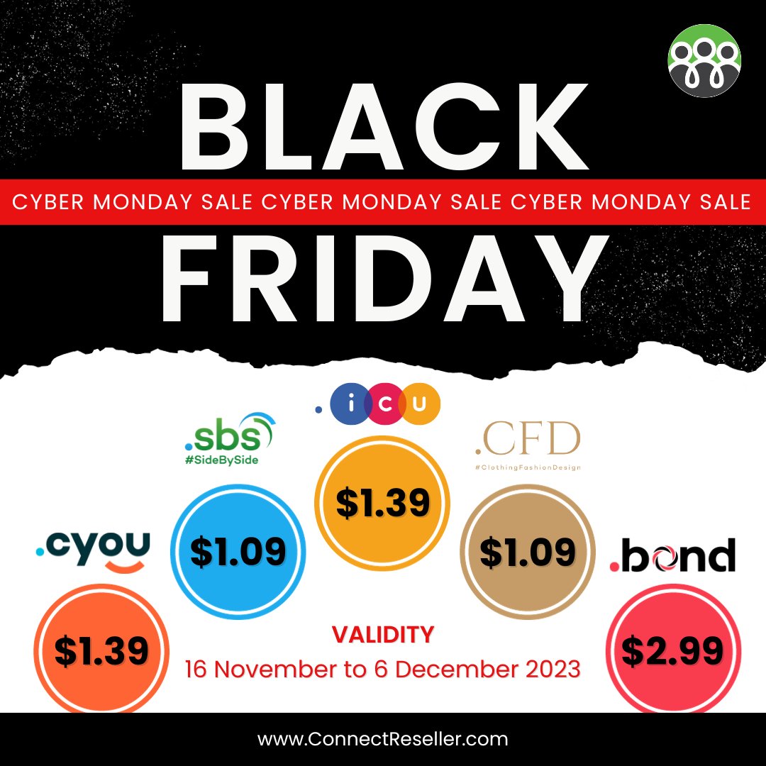 ConnectReseller's tweet photo. Brace yourselves for the ultimate domain takeover✨ Expand your reach and unleash the power with our exclusive Black Friday &amp; Cyber Monday deals on domain extensions.

@ShortDotDomains #blackfridaydeals #cybermondayspecial #Domains #ConnectReseller #icu #cyou #sbs #bond #cfd https://t.co/fuVqoozHH0