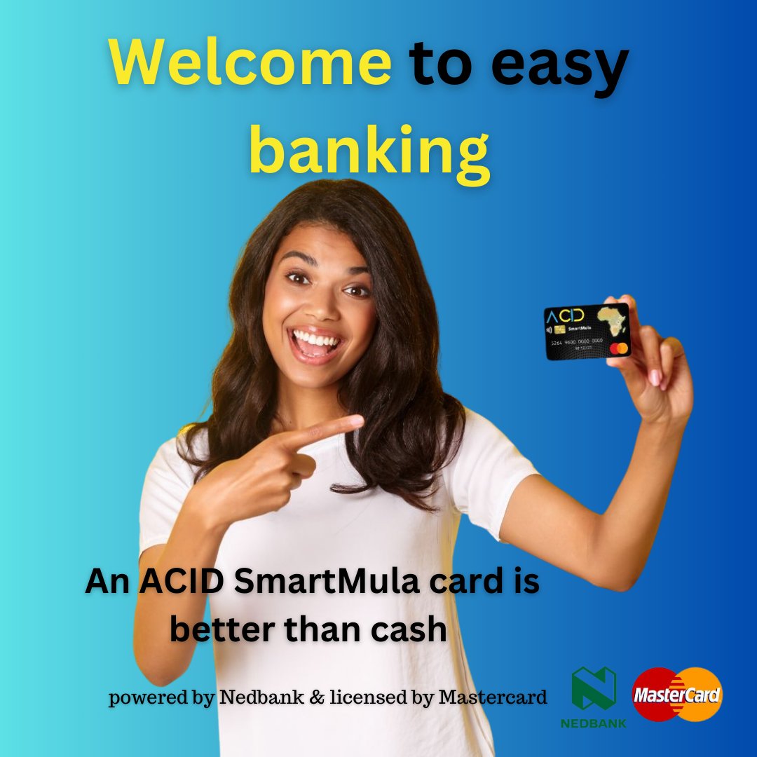 ACIDSmartmula's tweet photo. An ACID SmartMula card is better than cash. Get yours!
WhatsApp 'Hi' to 081 589 8282 to sign up now.
#ACIDSmartMula #WelcomeToEasyBanking #BankingMadeEasy https://t.co/VIuLPibAr0