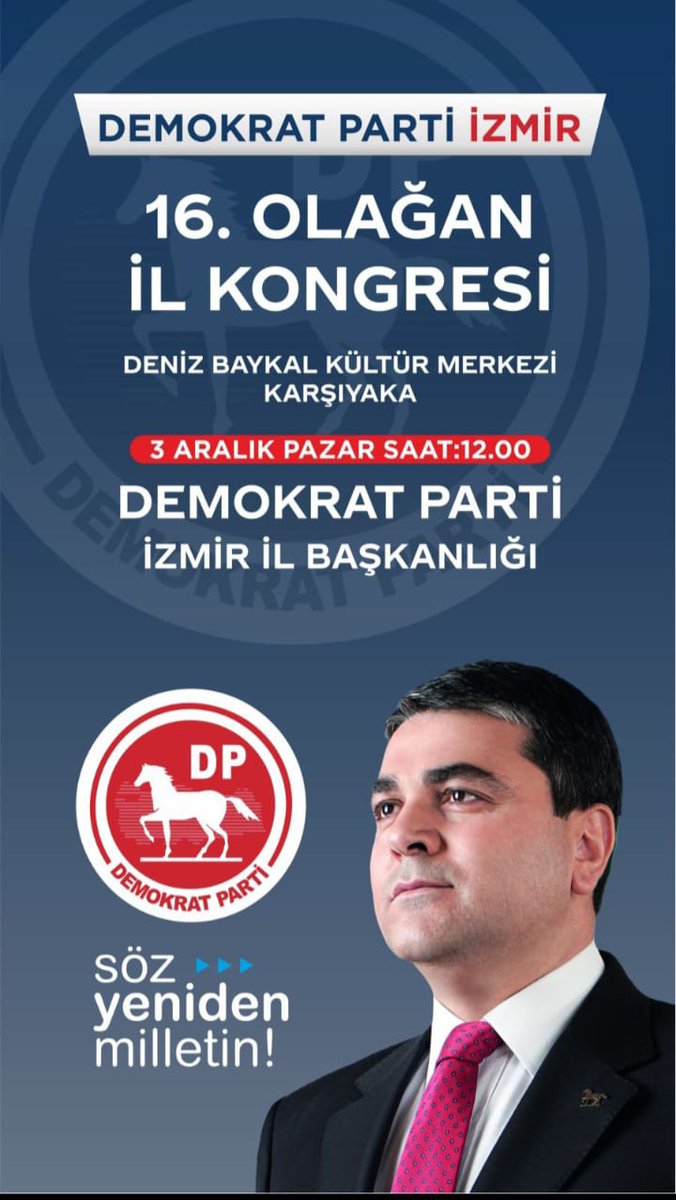 İzmir İl Başkanlığımızın, 3 Aralık 2023 Pazar günü saat 12:00’de Deniz Baykal Kültür Merkezi’nde yapacağı 16. Olağan İl Kongresine davetlisiniz.