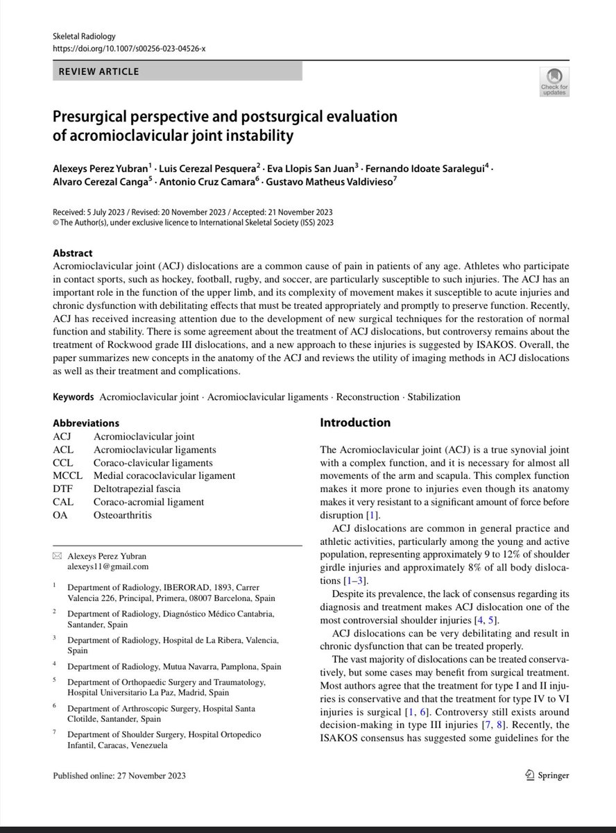 ARTRORM's tweet photo. Already on line in skeletal Radiology our last article. A practical review of ACJ instability and post surgical evaluation! https://t.co/cCxe2ISJ4u