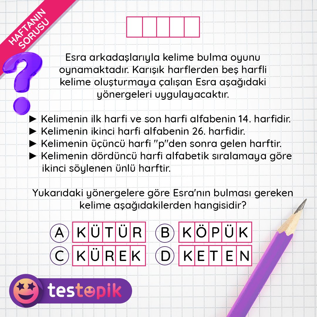 testopikcom's tweet photo. İşte bu haftanın yeni nesil sorusu! Ne kadar sürede çözebildiğini bizlerle paylaşmanı bekliyoruz😀 Soruyu beğendiysen, Testopik’te daha bunun gibi yüzlerce yeni nesil soru var. Hemen gel, Testopik’i 14 gün boyunca ücretsiz olarak kullanmaya ve Testopik Orman'ı keşfetmeye başla! https://t.co/5FAFYRaIdV