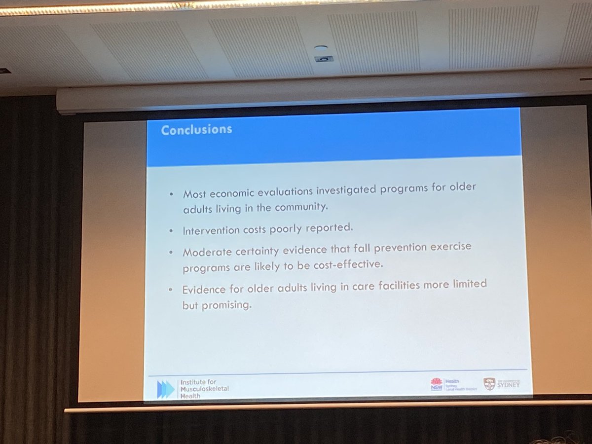 Prof Cathie Sherrington (@cathiesherr) on Twitter photo Very clear explanation from <a href="/mabpinheiro/">Marina Pinheiro</a> on her review of economic analysis of exercise for #fallsprevention at #fallsconf23
Some variability but overall indication that exercise for falls prevention would be worth investing in. Paper in <a href="/BJSM_BMJ/">British Journal of Sports Medicine (BJSM)</a>
bjsm.bmj.com/content/56/23/… Very clear explanation from <a href="/mabpinheiro/">Marina Pinheiro</a> on her review of economic analysis of exercise for #fallsprevention at #fallsconf23
Some variability but overall indication that exercise for falls prevention would be worth investing in. Paper in <a href="/BJSM_BMJ/">British Journal of Sports Medicine (BJSM)</a>
bjsm.bmj.com/content/56/23/…