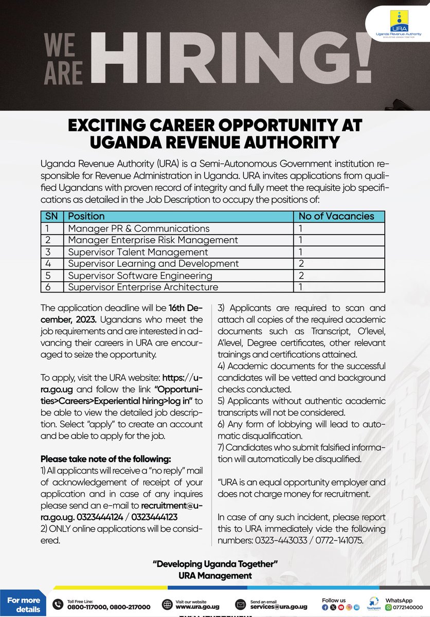 We are hiring! Don't miss these exciting opportunities at the Uganda Revenue Authority. If you qualify, apply online: ura.go.ug/en/. Full details in the poster below. #URAJobAlert #DevelopingUgandaTogether