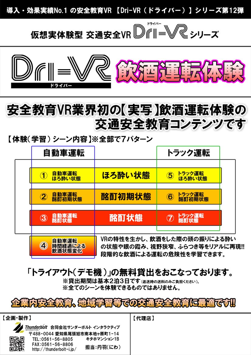 Thunderbolt_I's tweet photo. 【飲酒運転 体験 学習 VR】

販売から約2か月、既に安全意識の高い、危機感を常に持たれている企業様からの問い合わせ、導入が増えてます‼️

実写を使ったリアルな体験で、飲酒運転撲滅に効果があります。

デモ体験機の貸出も行っておりますので
お気軽にお問い合わせ下さい。

info@thunderbolt-i.jp https://t.co/ZFmjwnCiW1