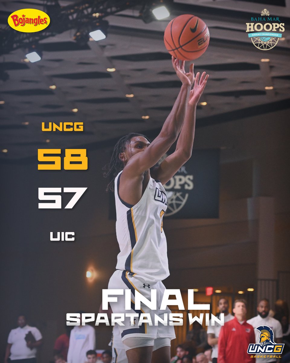 UNCGBasketball's tweet photo. The Spartans are @BahaMarHoops 𝐂𝐡𝐚𝐦𝐩𝐢𝐨𝐧𝐬 ‼️

The team will return to action at home on Friday, Dec. 1 to take on William Peace at 7 PM! #letsgoG 

Final score presented by Bojangles. https://t.co/xjHLrknMjg