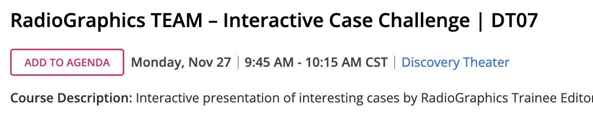 Looking forward to co-presenting the interactive case challenge with the #RGTEAM on Monday 9:45am at the Discovery Theater. Come join us! <a href="/RSNA/">RSNA</a>