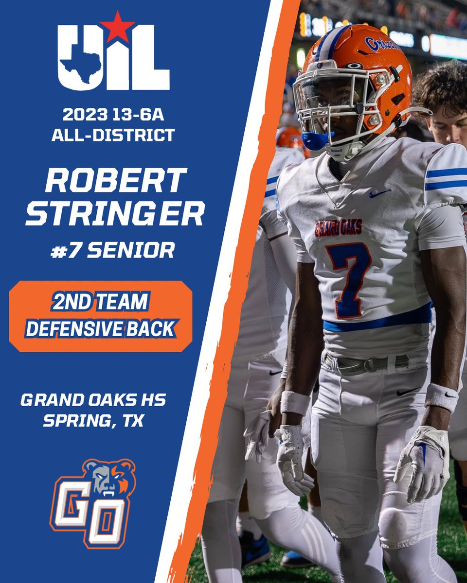 Grand Oaks Football (@goaksfootball) on Twitter photo 🚨13-6A ALL-DISTRICT🚨
Congrats to <a href="/r_stringer7/">Robert Stringer</a> on his selection as 2nd Team All-District defensive back! #BearDown 🚨13-6A ALL-DISTRICT🚨
Congrats to <a href="/r_stringer7/">Robert Stringer</a> on his selection as 2nd Team All-District defensive back! #BearDown