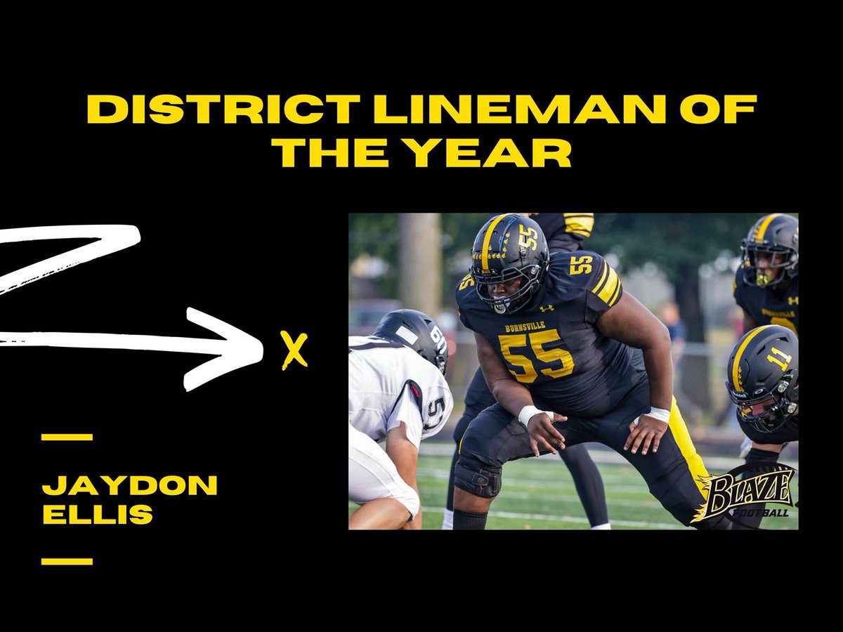 Congratulations to <a href="/BurnsvilleBlaze/">Burnsville Football</a> Senior OL/DL Jaydon Ellis on being named District Lineman of the Year.
<a href="/BurnsvilleSport/">BHS Athletics</a>