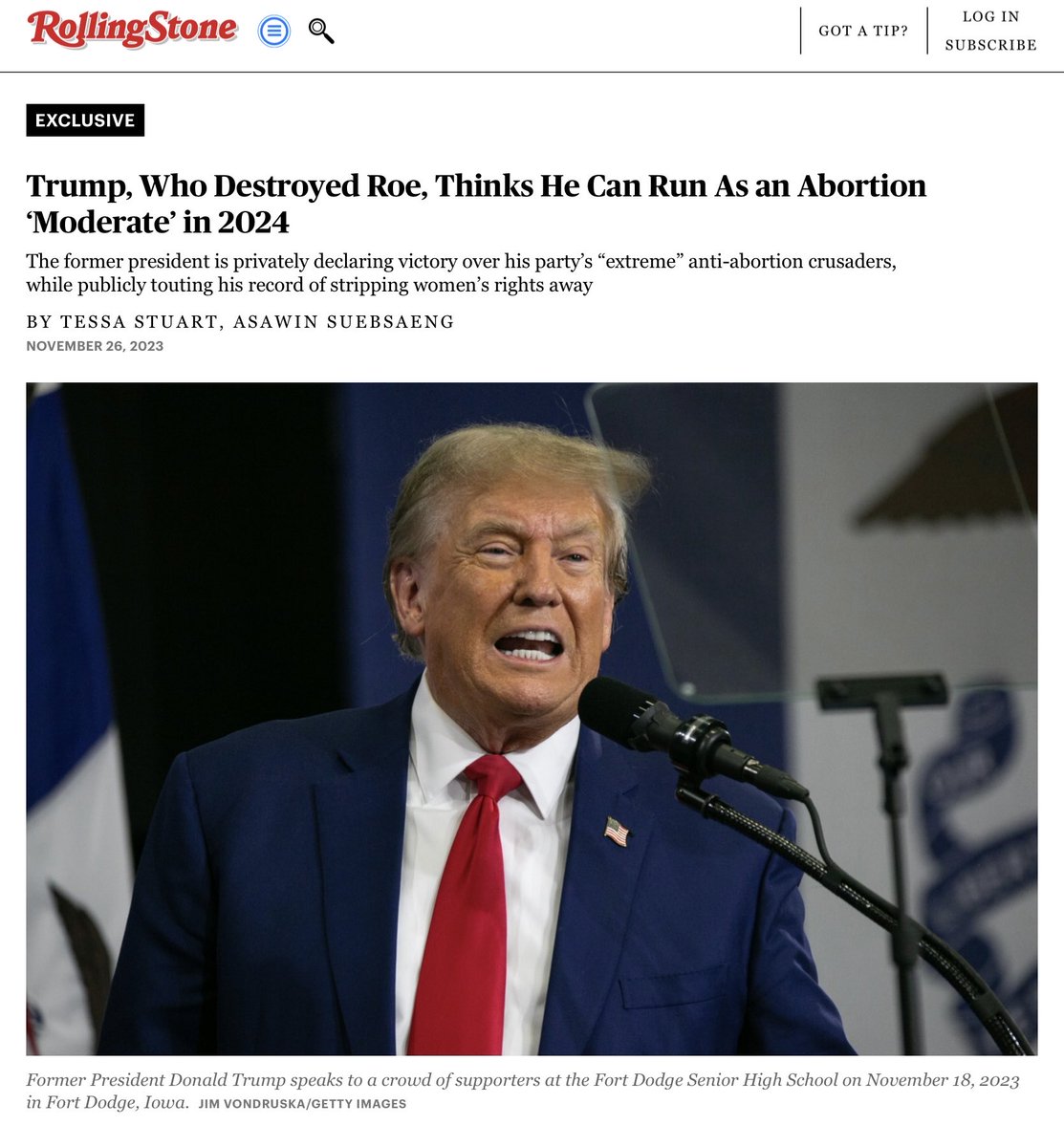 cwebbonline's tweet image. We’re not going to forget that Trump is the reason Roe was overturned, are we? 

📌 ROLLING STONE article: Trump, Who Destroyed Roe, Thinks He Can Run As an Abortion ‘Moderate’ in 2024.

Started.                    Going.