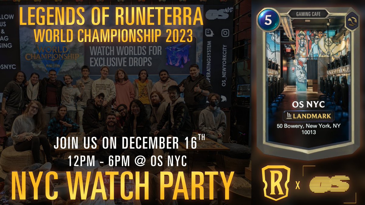 LEGENDS OF RUNETERRA WORLDS 2023 IS APPROACHING!!

Join the <a href="/PlayRuneterra/">Legends of Runeterra</a> community at <a href="/OS_NewYorkCity/">OS NYC</a> on December 16th for an #LoRWatchParty that you won't wanna miss!! 

if you have any questions about the event you can DM @StaYUnwoked or myself 

hope to see you there 👊