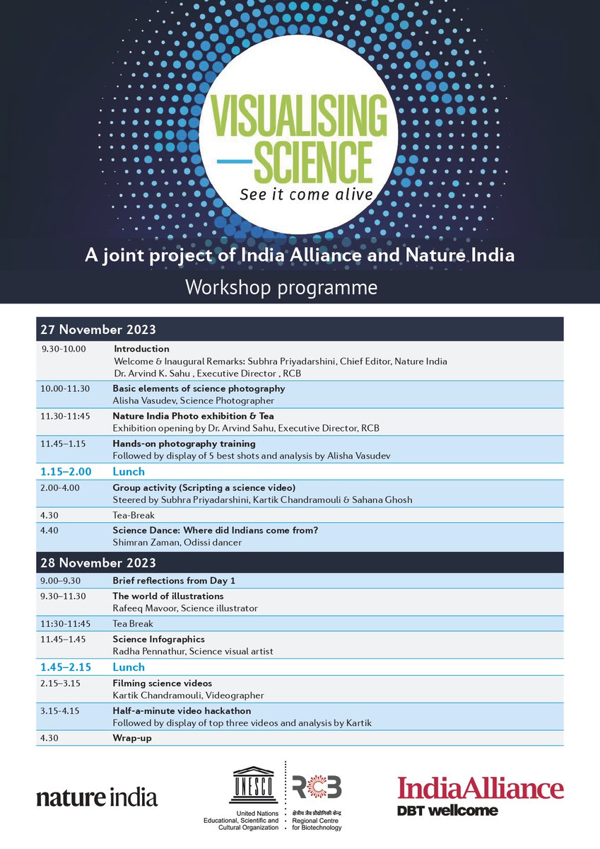 We are all set with the #VisualisingScience #Workshop  <a href="/unescorcb/">RCB</a> Nov 27-28. 

Stay tuned for interactive sessions on science photography by @AlishaVasudev, illustrations by <a href="/rafeequemavoor/">Rafeeque Mavoor</a>. Infographics by Radha Pennathur, videos by <a href="/kcmouli25/">Kartik Chandramouli</a>, and more.