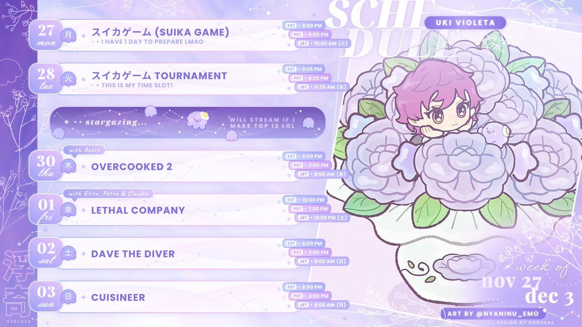 uki_violeta's tweet photo. 【🔮 Weekly Schedule! 🌌】
Nov 27 - Dec 03

General #UkiVioleta
Live #UkiLive
Art #VioletAtelier
Assets #VioletAssets
Meme #uwukiVioleta
NSFW #UKinky
Thumbnails #UkiThumb
Clips #Ukilipse
🍳 #Violeggta
Cute #fuwauki
Drinks #violatte
Cos #ukiform
Fan Name / Stargazers

#NOCTYX https://t.co/Tm4ZI5I7OX