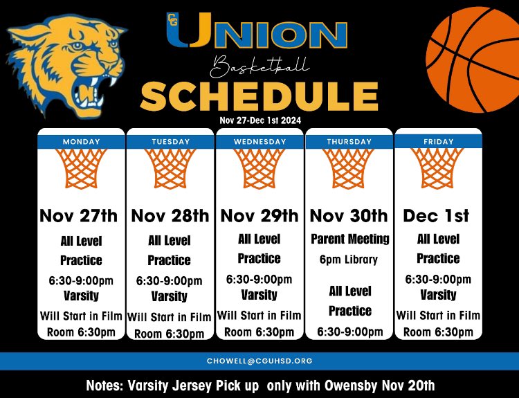 CoachChadHowell's tweet photo. This weeks schedule. Also pictures will be at 5pm on Monday. All final rosters will be posted tomorrow morning. Anyone that has not picked up a uniform can get it from Owensby after lunch. https://t.co/3d7z0sPJAf