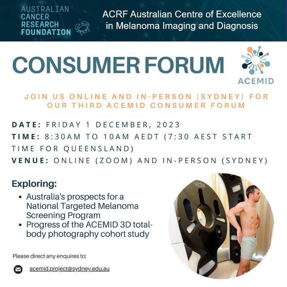 ACRF Melanoma Imaging & Diagnosis Centre (@melanomaacemid) on Twitter photo There is still time to register!
Join us this Friday for our 2023 ACEMID consumer forum. Hear the latest updates on the ACEMID cohort study from the team. 
Register here: tinyurl.com/28zz54na There is still time to register!
Join us this Friday for our 2023 ACEMID consumer forum. Hear the latest updates on the ACEMID cohort study from the team. 
Register here: tinyurl.com/28zz54na
