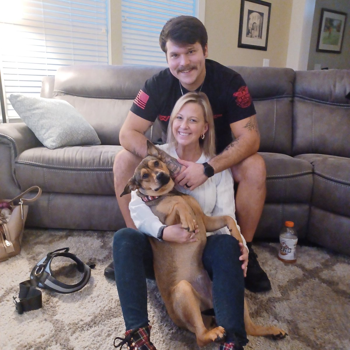 Thanksgiving came &amp; went, and, we didn't get any food or family pictures. Here's all we have: our daughter (Betsy) and her fiancé and  dog. It was a happy day, tho!