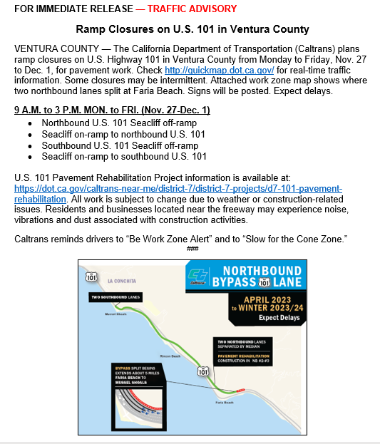 🚧TRAFFIC ADVISORY🚧 @CaltransDist7 plans Seacliff ramp closures on U.S. 101 in #VenturaCounty from MON to FRI, Nov. 27 to Dec. 1. Check quickmap.dot.ca.gov for real-time information. Work zone map shows where two NB lanes split at Faria Beach. Expect delays. Details 👇