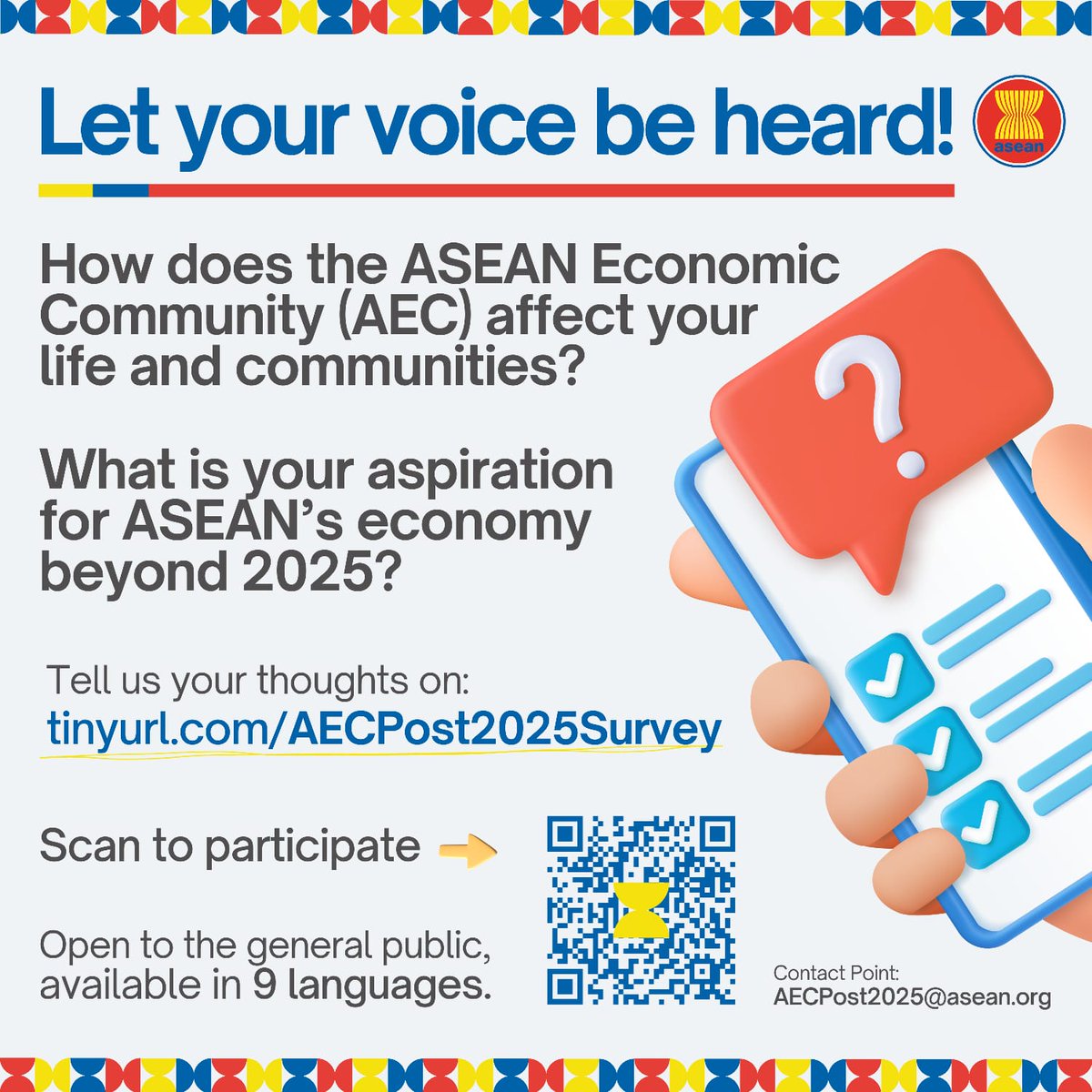 📢 Have Your Say in Shaping ASEAN's Future! ERIA in collaboration with @ASEAN has developed a survey focusing on AEC Aspects of Post-2025 Vision. Supported by @GIZIndonesia, it aims to capture the general sentiments and perspectives of ASEAN stakeholders. 📝 Head to…